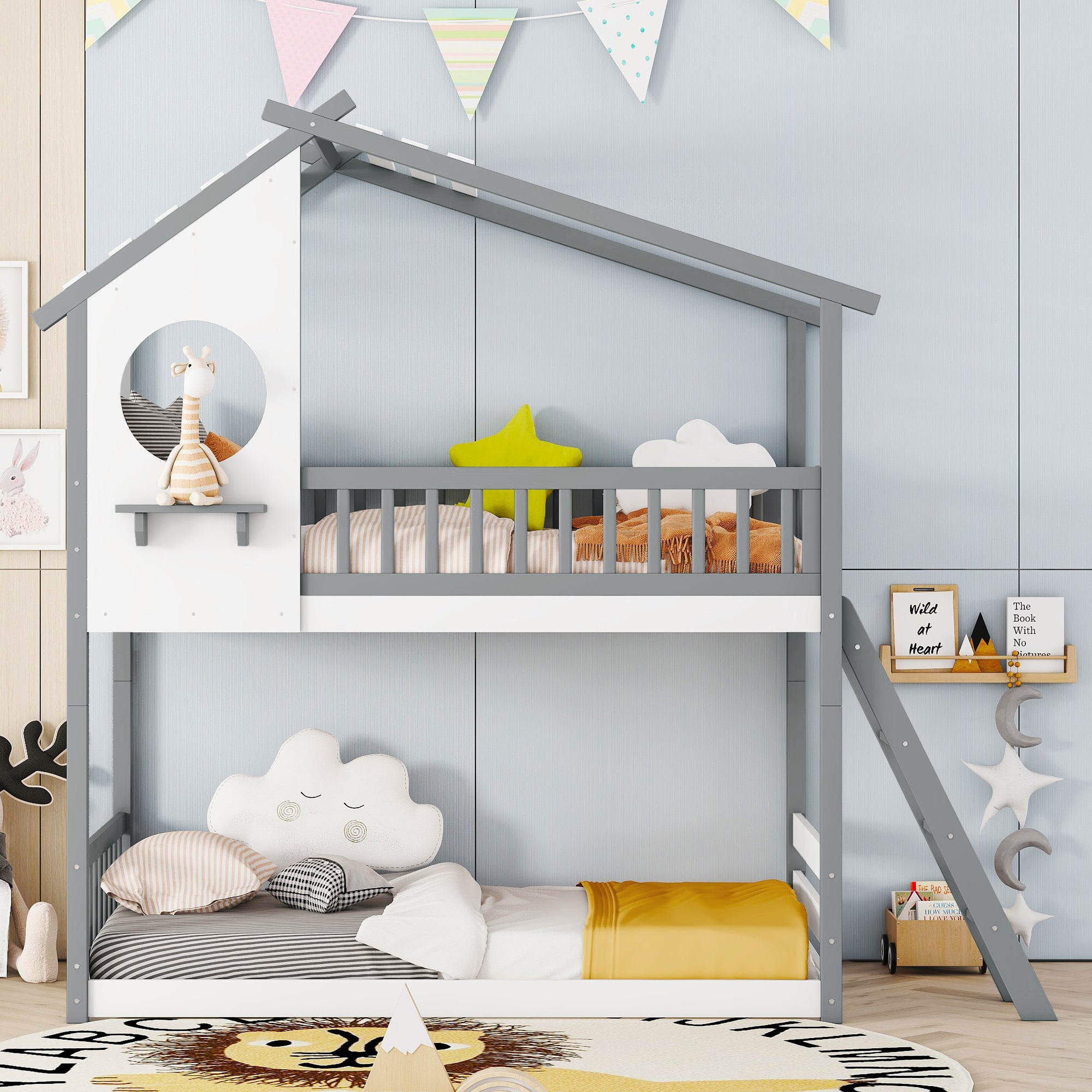 Twin Over Twin Bunk Bed Wood Bed with Roof, Window, Ladder,Gray(OLD SKU :LT100008AAE) - Atlantic Fine Furniture Melbourne FL