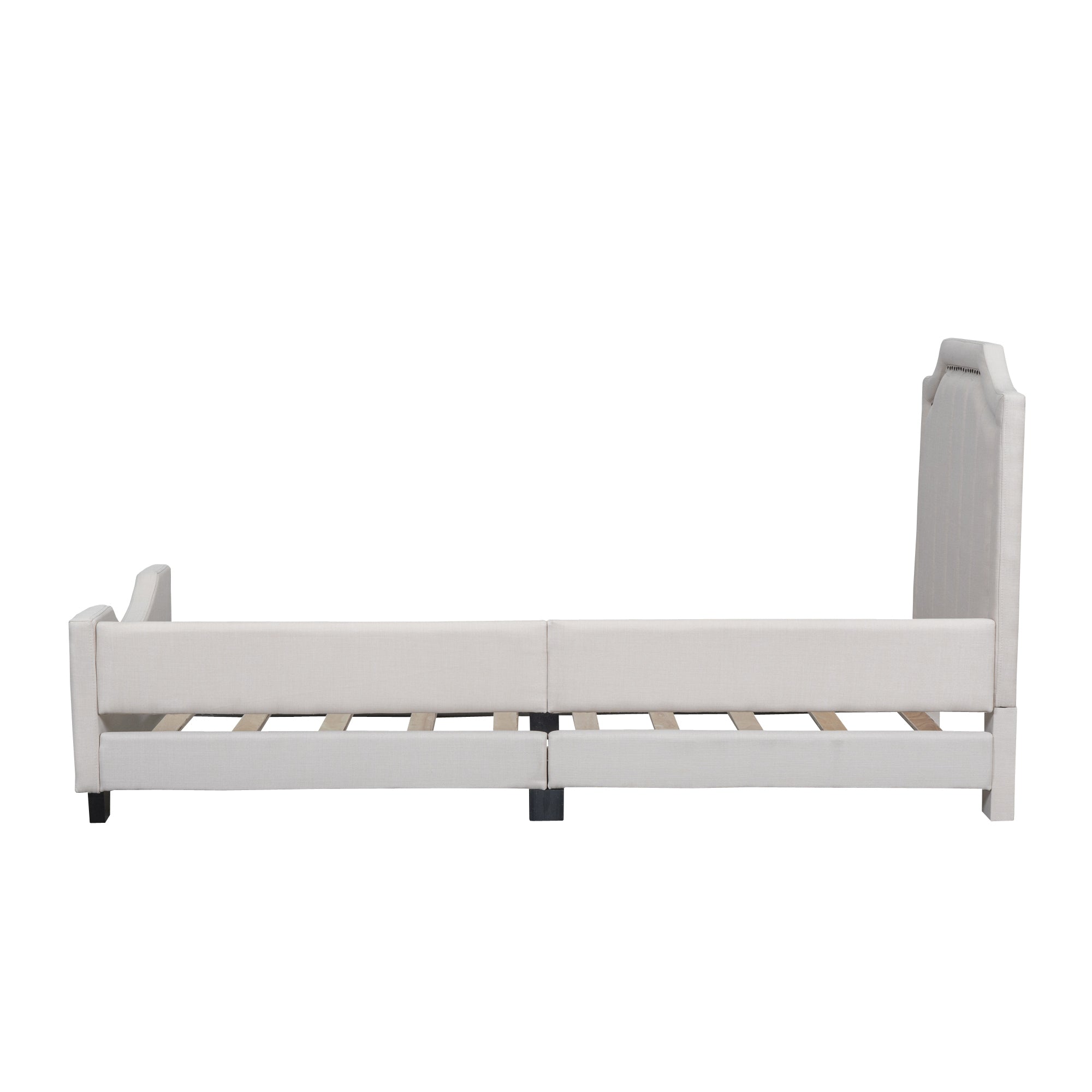 Twin Size Upholstered Platform Bed with Nailhead Trim Decoration and Guardrail, Beige - Atlantic Fine Furniture Melbourne FL