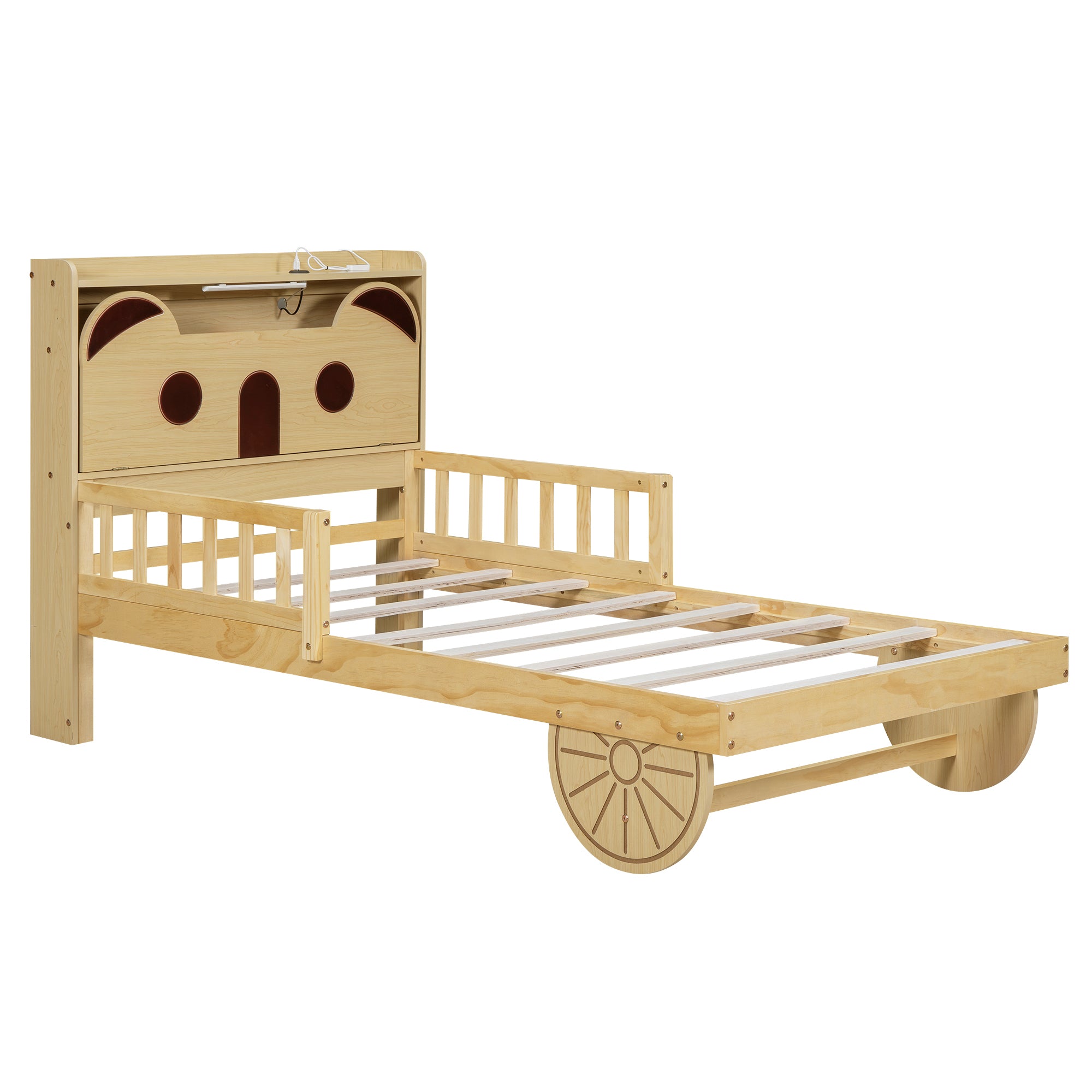 Twin Size Car Bed with Bear-Shaped Headboard, USB and LED, Natural - Atlantic Fine Furniture Melbourne FL
