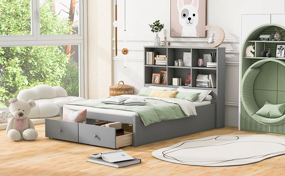 Full Size Platform Bed with Storage Headboard, Charging Station and 2 Drawers, Gray - Atlantic Fine Furniture Melbourne FL