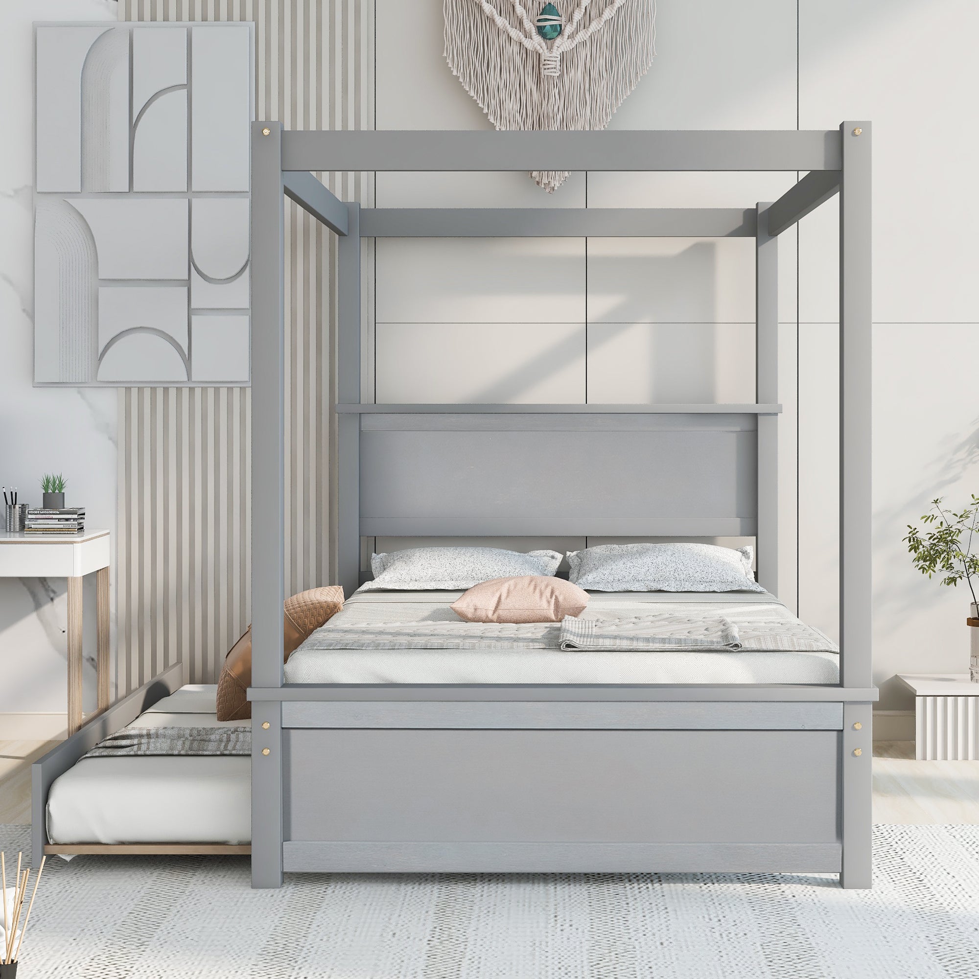 Wood Canopy Bed with Trundle Bed ,Full Size Canopy Platform bed With  Support Slats .No Box Spring Needed, Brushed Gray - Atlantic Fine Furniture Melbourne FL