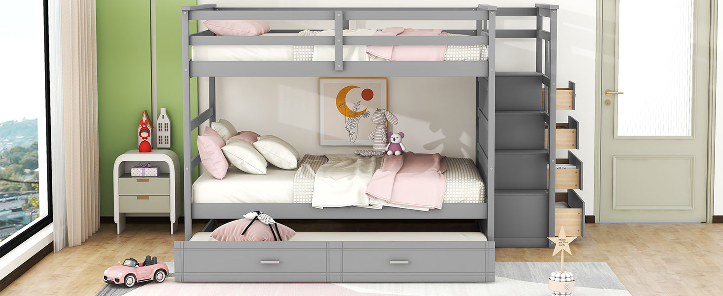 Full Over Full Bunk Bed with Twin Size Trundle and Staircase, Gray - Atlantic Fine Furniture Melbourne FL