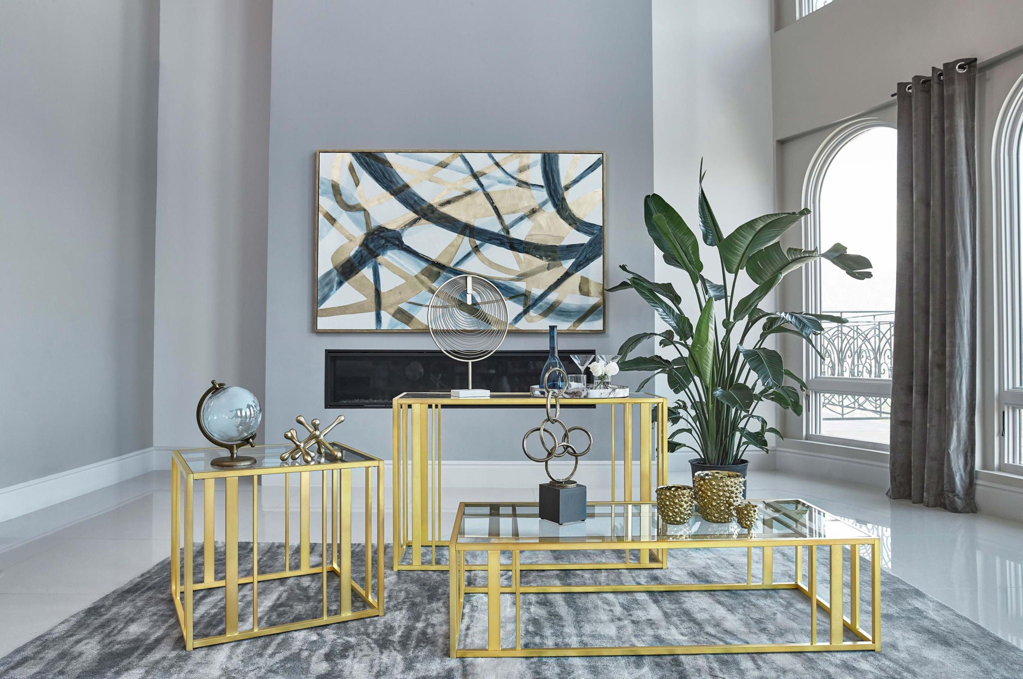 Adri Glass Top Entryway Console Table Matte Brass