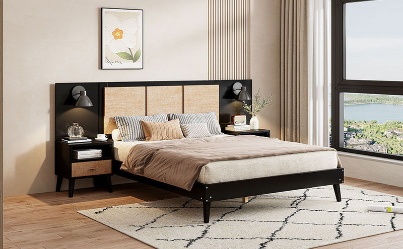 Solid Wood Bed Frame With 2 Nightstands, Elegant Design With Lamps, Rattan And Wood Combination