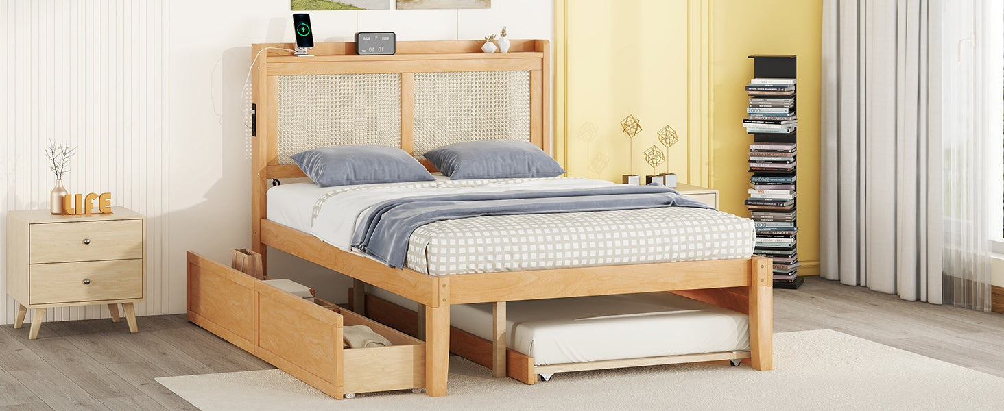 Full Size Elegant Bed Frame with Rattan Headboard and Sockets ,Walnut - Atlantic Fine Furniture Melbourne FL