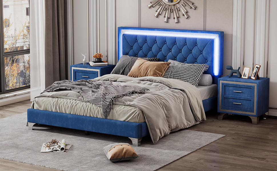 Queen Size Upholstered Bed Frame with LED Lights,Modern Velvet Platform Bed with Tufted Headboard,Blue - Atlantic Fine Furniture Melbourne FL