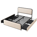 Modern Metal Bed Frame with Curved Upholstered Headboard and Footboard Bed with 4 Storage Drawers, Heavy Duty Metal Slats, Queen Size, Beige