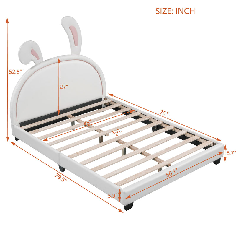 Upholstered Leather Platform Bed With Rabbit Ornament