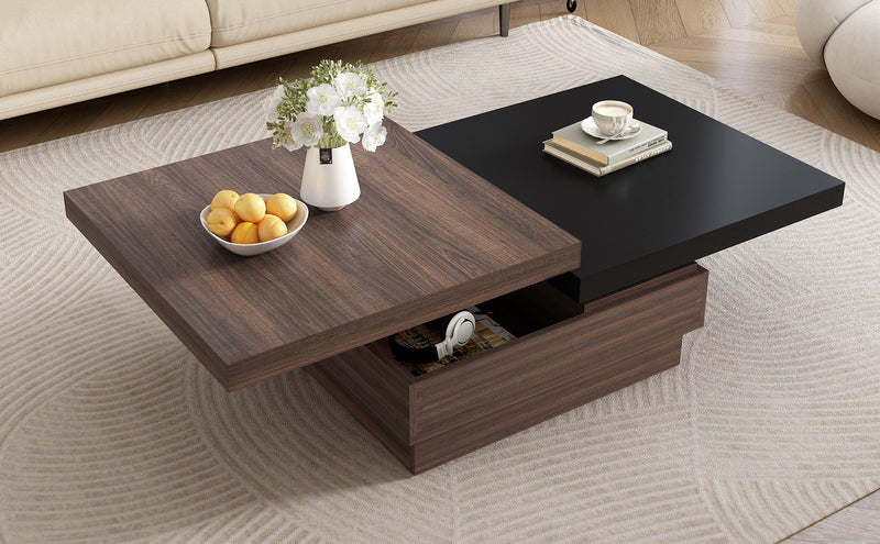 Rotatable Top Coffee Table, Modern Square Coffee Table With Wood Grain Design, 1 Hidden Storage Space For Living Room