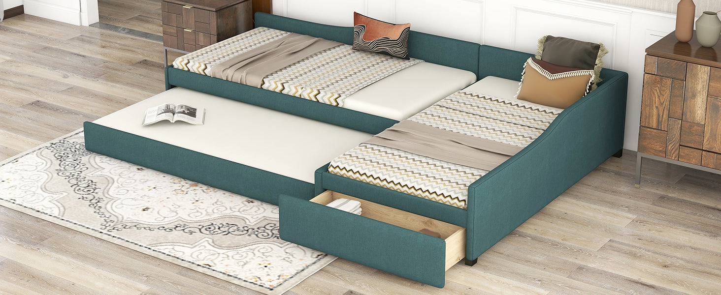 Upholstered Double Twin Size Daybed with Trundle and Drawer, Green - Atlantic Fine Furniture Melbourne FL