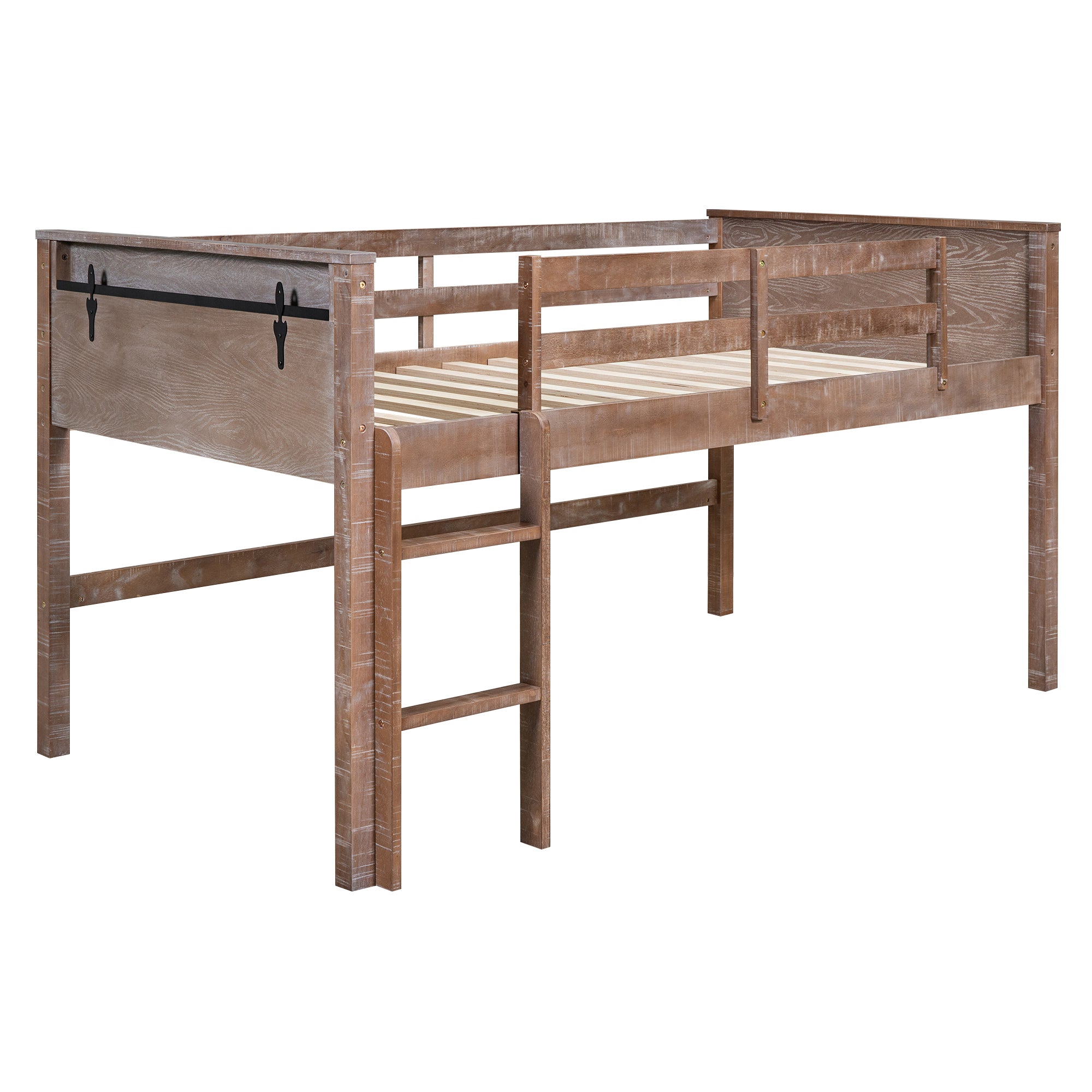 Wood Full Size Loft Bed with Hanging Clothes Racks, White Rustic Natural - Atlantic Fine Furniture Melbourne FL
