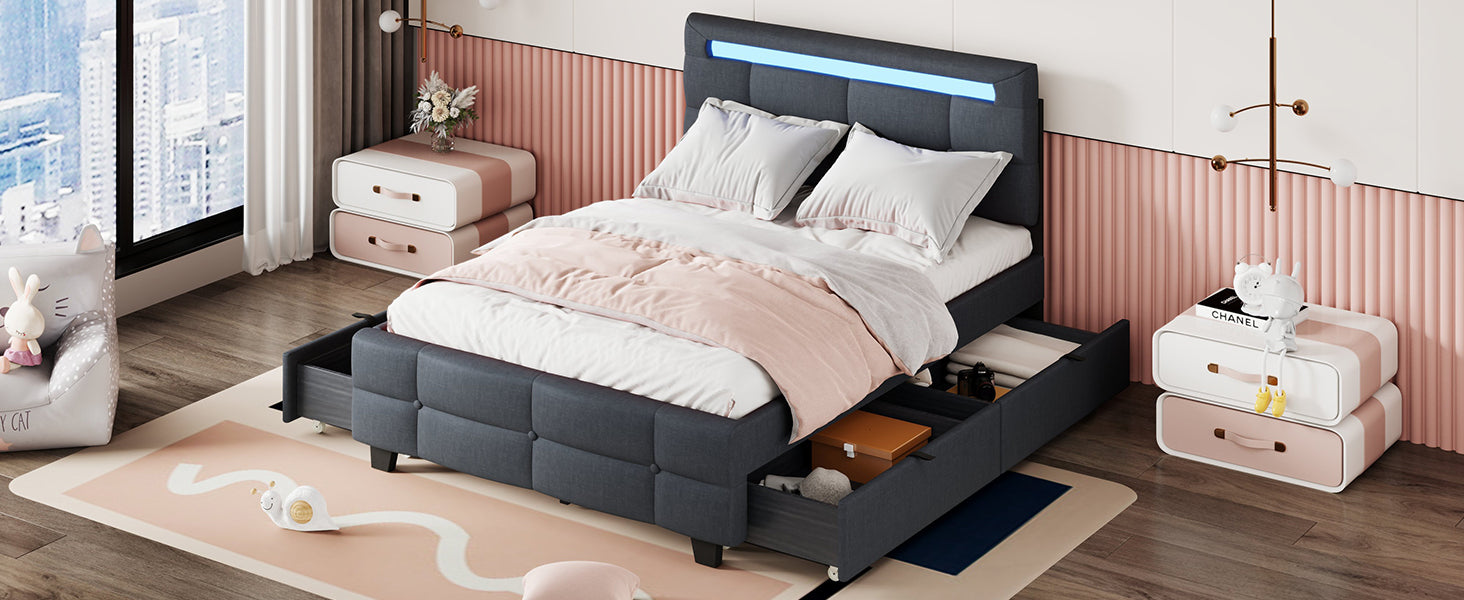Full Size Upholstered Platform Bed with LED Frame and 4 Drawers, Linen Fabric, Gray - Atlantic Fine Furniture Melbourne FL