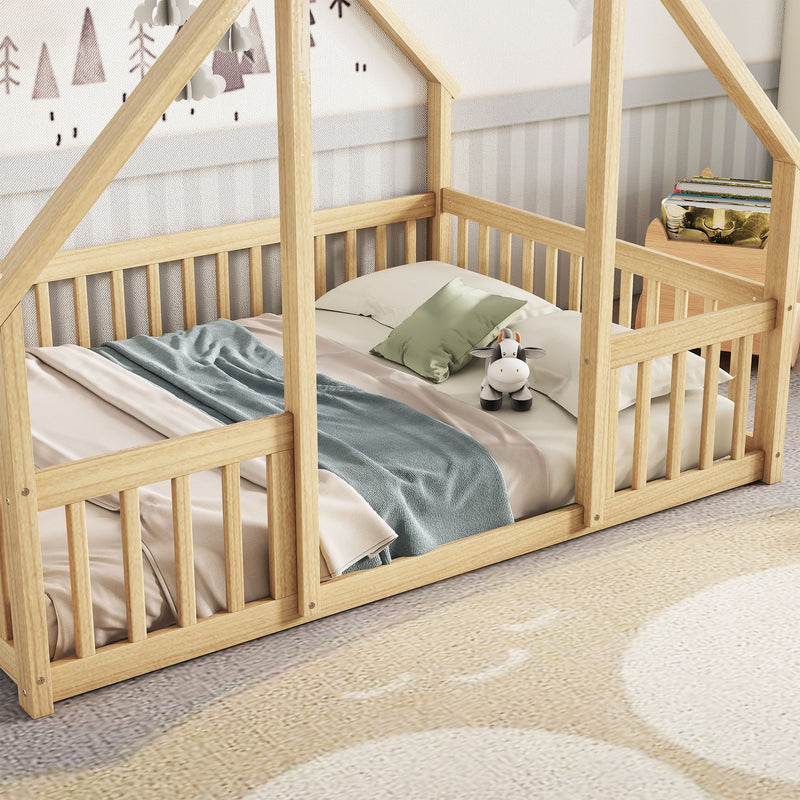 Wood House-Shaped Floor Bed With Fence, Guardrails