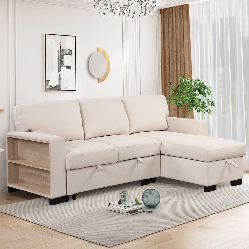 Stylish And Functional Light Chaise Lounge Sectional With Storage Rack Pull-Out Bed Drop Down Table And USB Charger