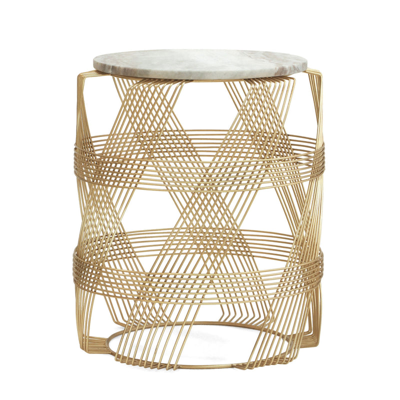 Round Table With Marble Top And Metal Base - Gold / Natural