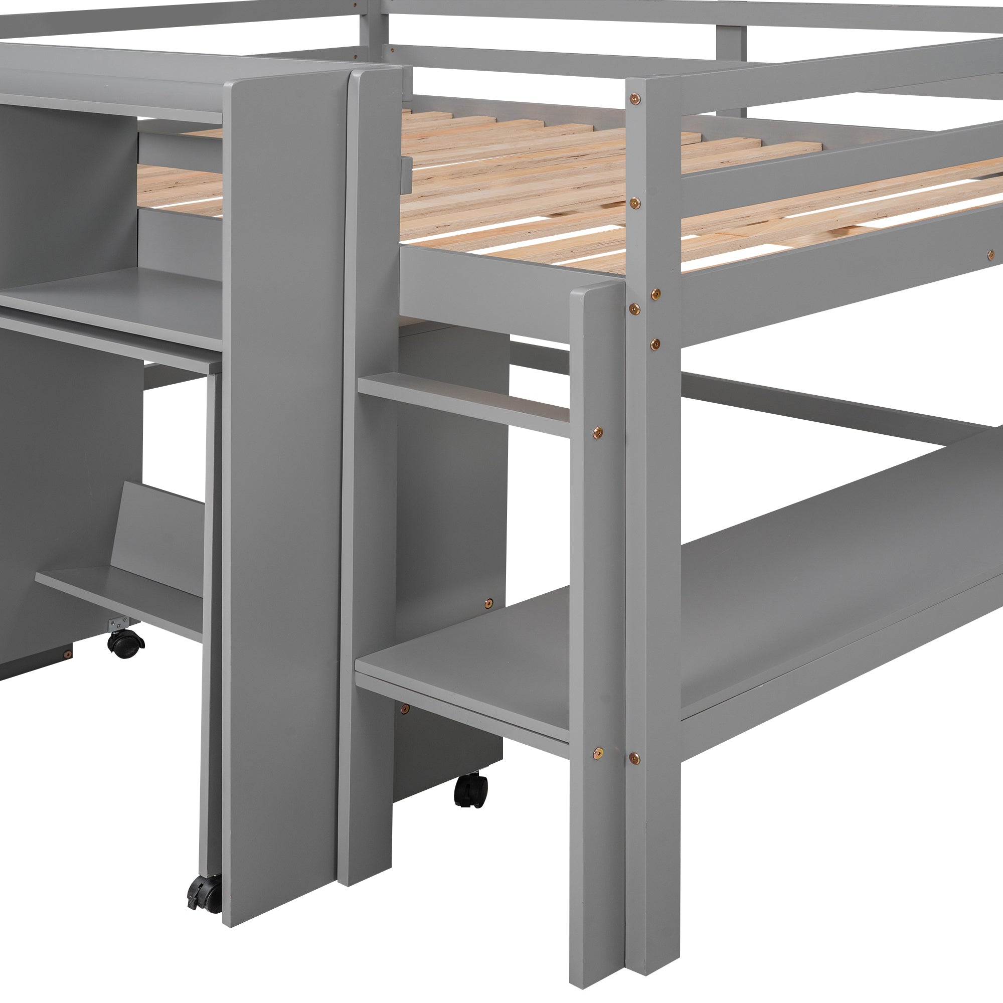 Full Size Low Loft Bed with Rolling Portable Desk, Drawers and Shelves, Gray(Old SKU: GX000711AAE) - Atlantic Fine Furniture Melbourne FL