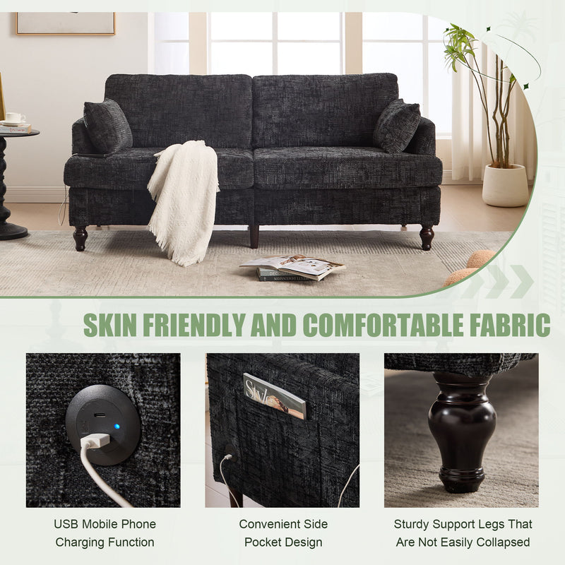 Chenille 2 Seater Sofa With LED Light, USB Charging Port, And Storage Bag