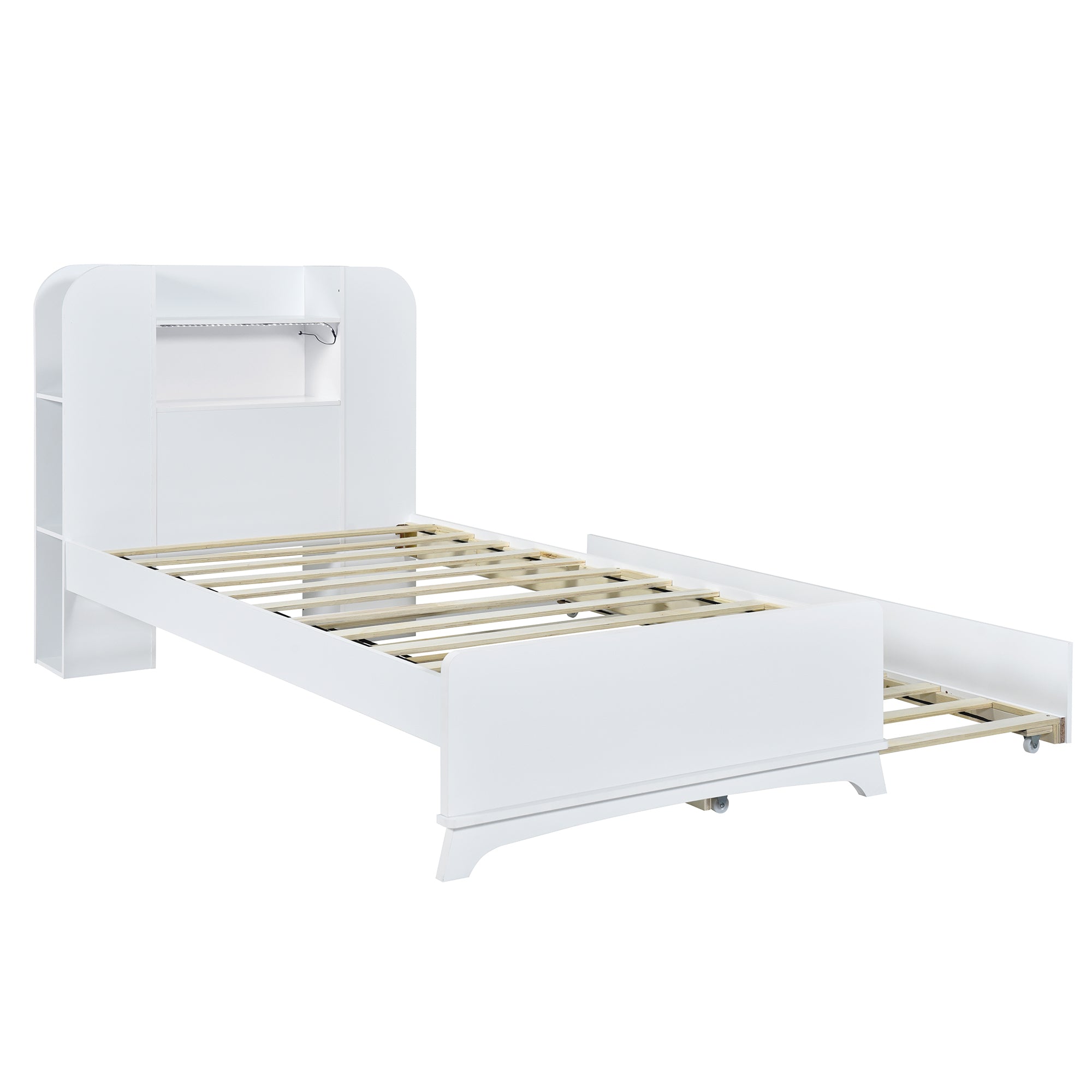 Twin Size Storage Platform Bed Frame with with Trundle and Light Strip Design in Headboard,White - Atlantic Fine Furniture Melbourne FL