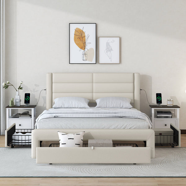 Queen Size Bed Frame with Drawers Storage, Leather Upholstered Platform Bed with Charging Station,Beige