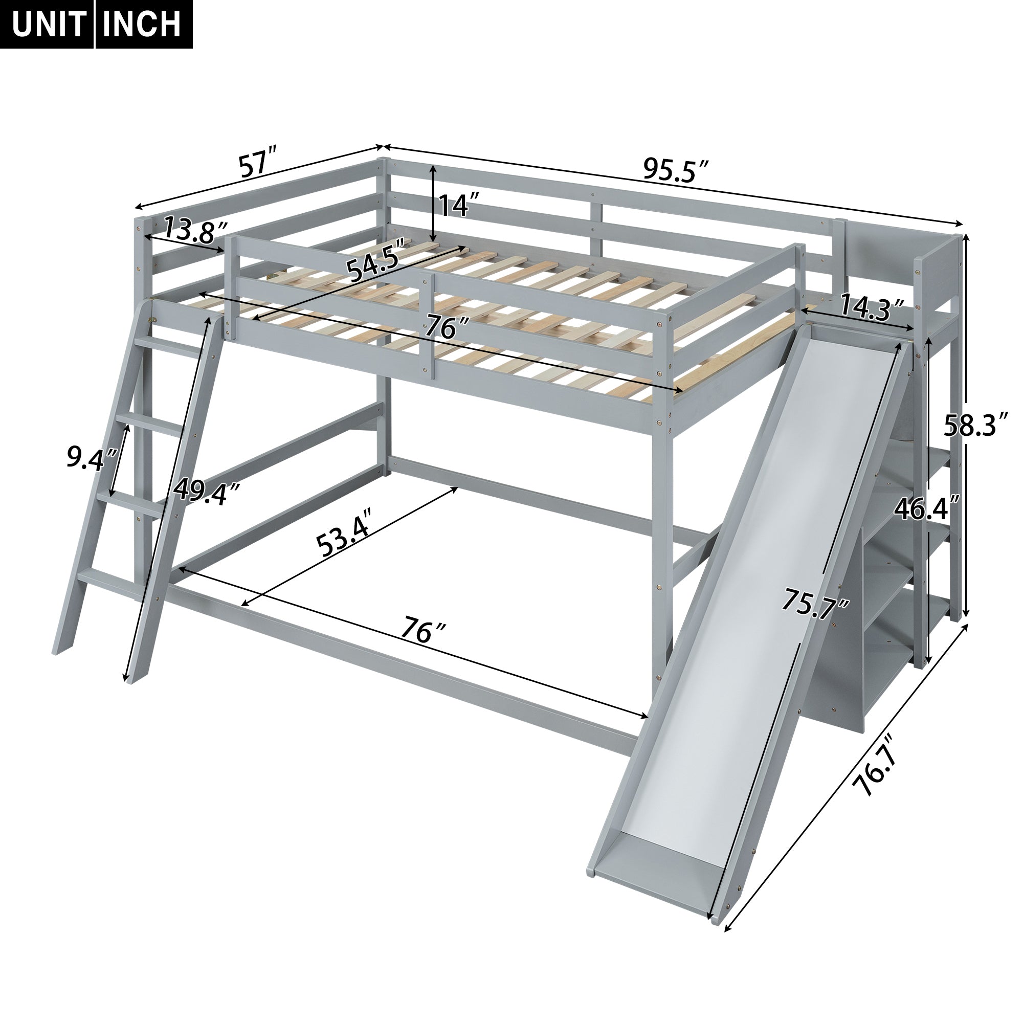 Full over Full Bunk Bed with Ladder, Slide and Shelves, Gray - Atlantic Fine Furniture Melbourne FL