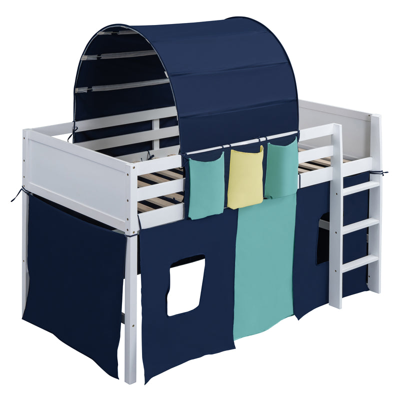 Twin Size Loft Bed with Tent and Tower  and  Three Pockets- Blue