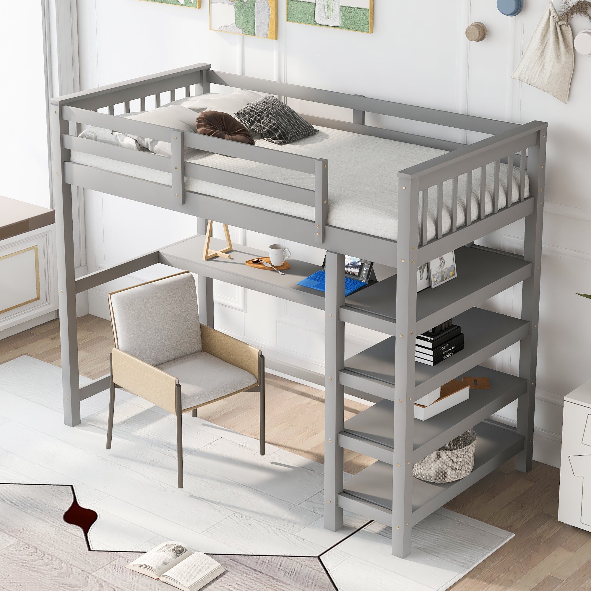 Twin Size Loft Bed with Storage Shelves and Under-bed Desk, Gray(OLD SKU:SM000245AAE-1) - Atlantic Fine Furniture Melbourne FL
