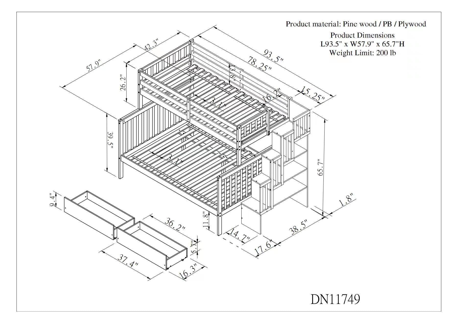 Twin Over Full Bunk Bed with 2 Drawers and Staircases, Convertible into 2 Beds, the Bunk Bed with Staircase and Safety Rails for Kids, Teens, Adults, White - Atlantic Fine Furniture Melbourne FL
