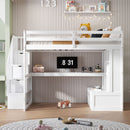 Full Size Loft Bed With Desk And Shelves, 2 Built In Drawers, Storage Staircase - White