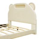 Full Size Upholstered Platform Bed with Bear-Shaped Headboard and Embedded Light Stripe, Velvet, Beige