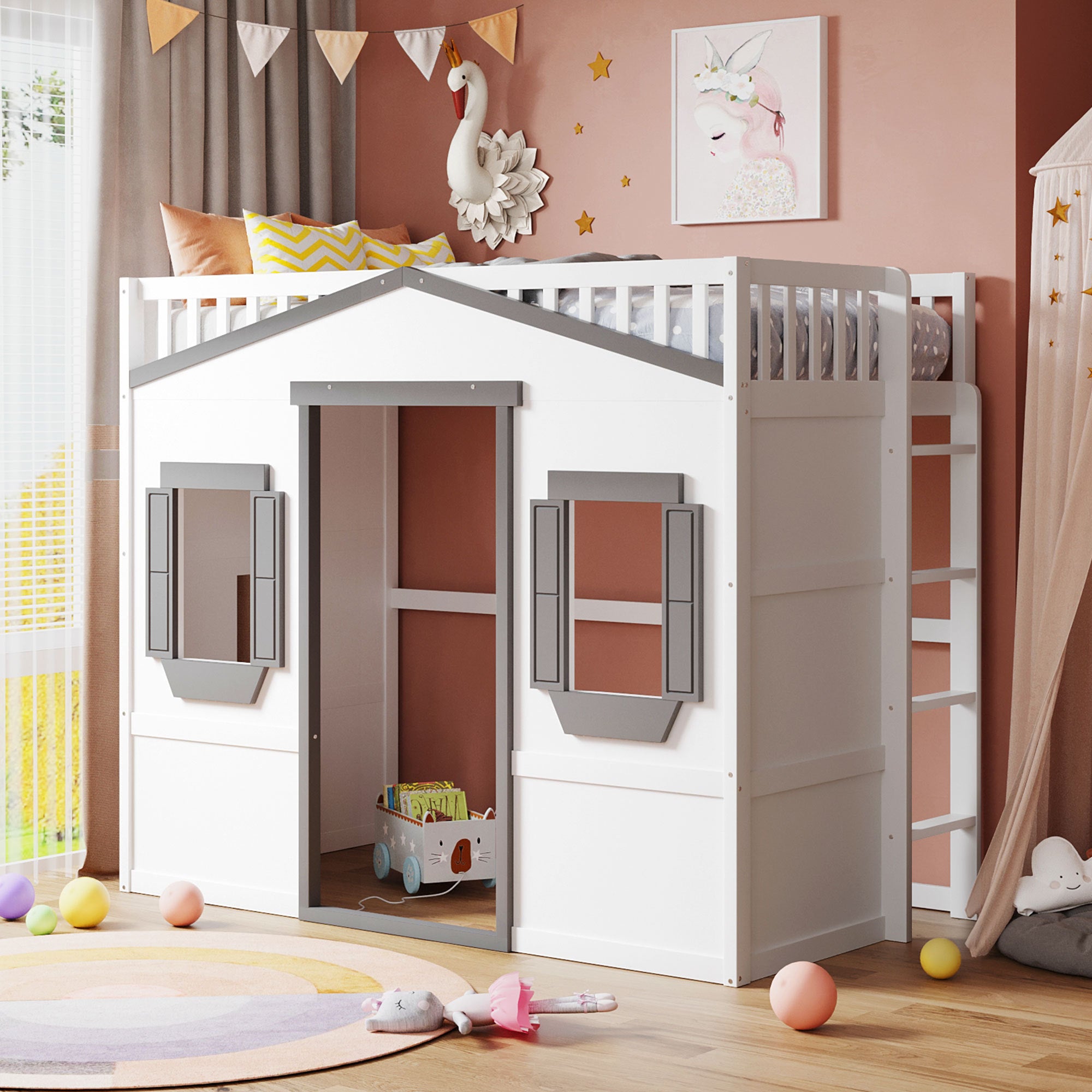 Twin Size House Loft Bed With Ladder-White+Gray Frame - Atlantic Fine Furniture Melbourne FL