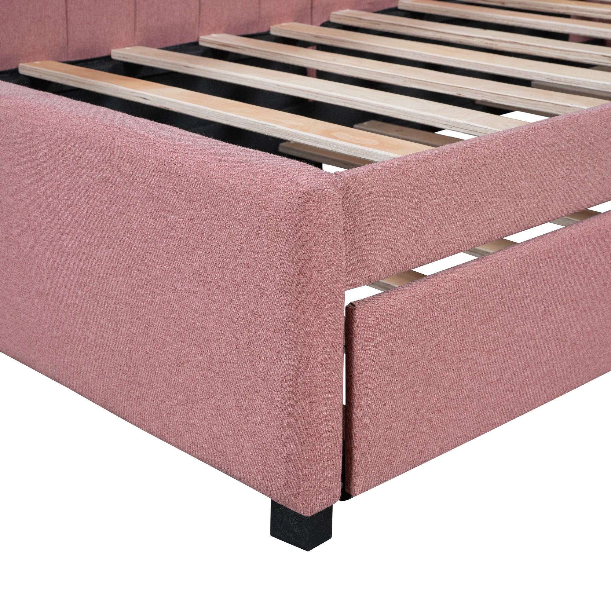 Upholstered Daybed with Trundle Twin Size Sofa Bed Frame No Box Spring Needed, Linen Fabric(Pink) - Atlantic Fine Furniture Melbourne FL