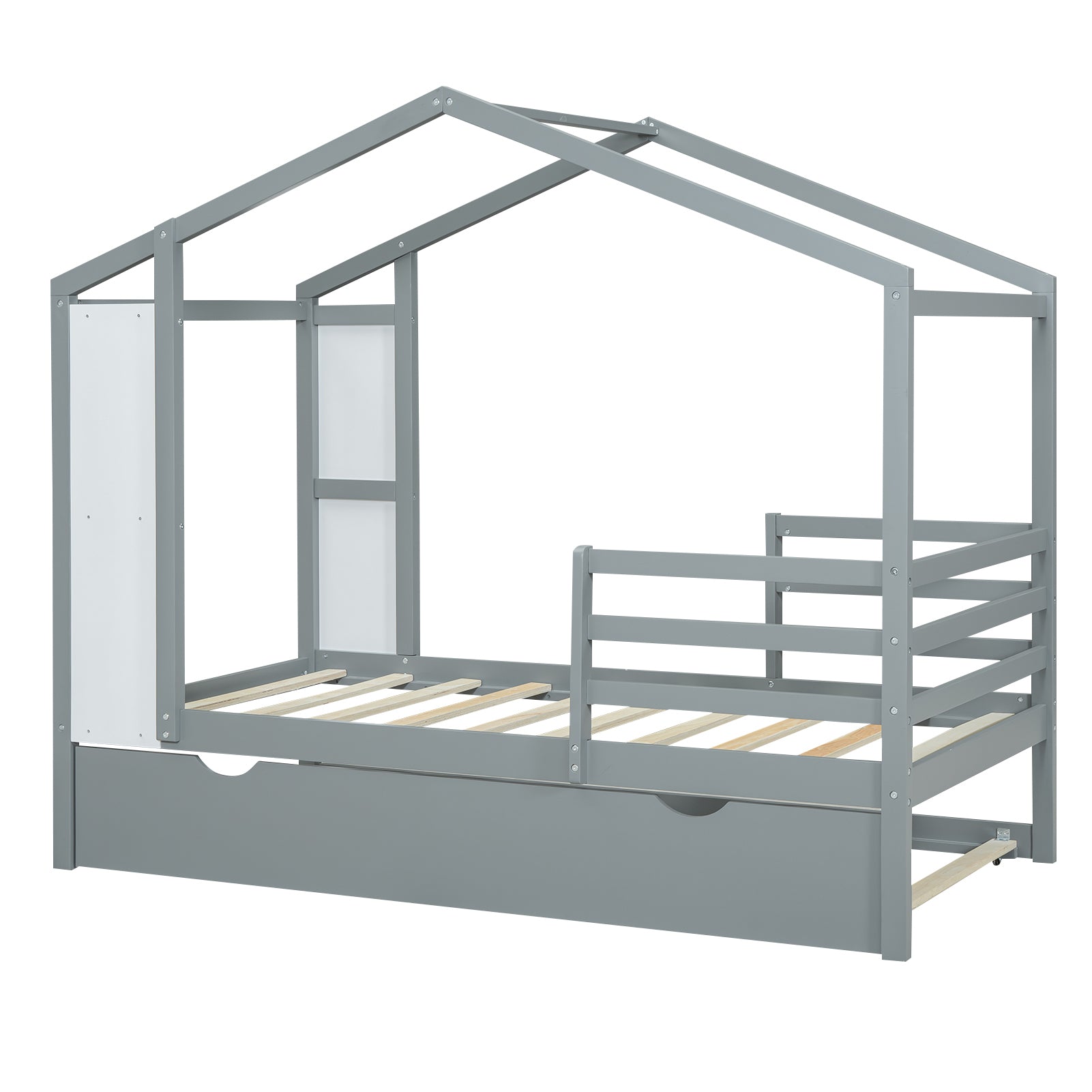 Twin Size Wood House Bed with Fence and Writing Board, Gray - Atlantic Fine Furniture Melbourne FL