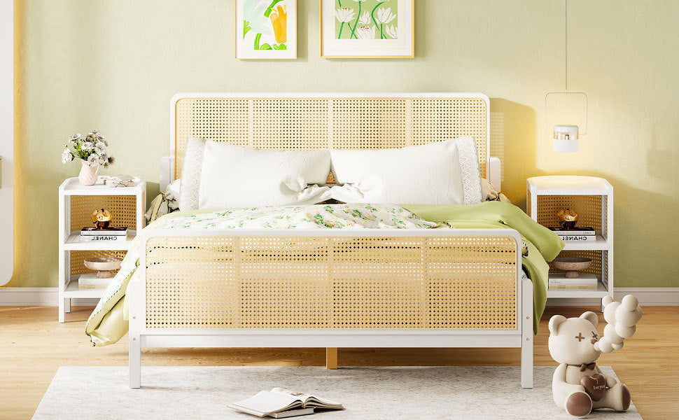 3 Pieces Rattan Platform Full Size Bed With 2 Nightstands,White - Atlantic Fine Furniture Melbourne FL
