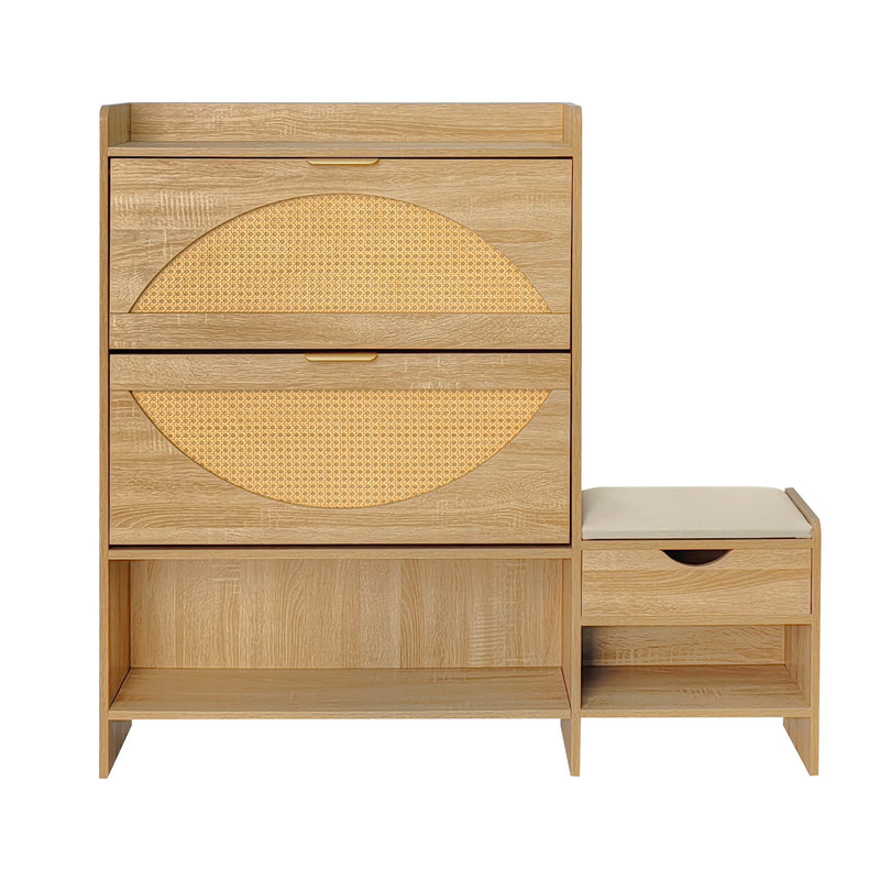 Shoe Storage Cabinet Rattan Shoe Storage Organizer With 2 Flip Drawers, A Storage Drawer And A Bench For Entryway, And Hallway - Light Brown