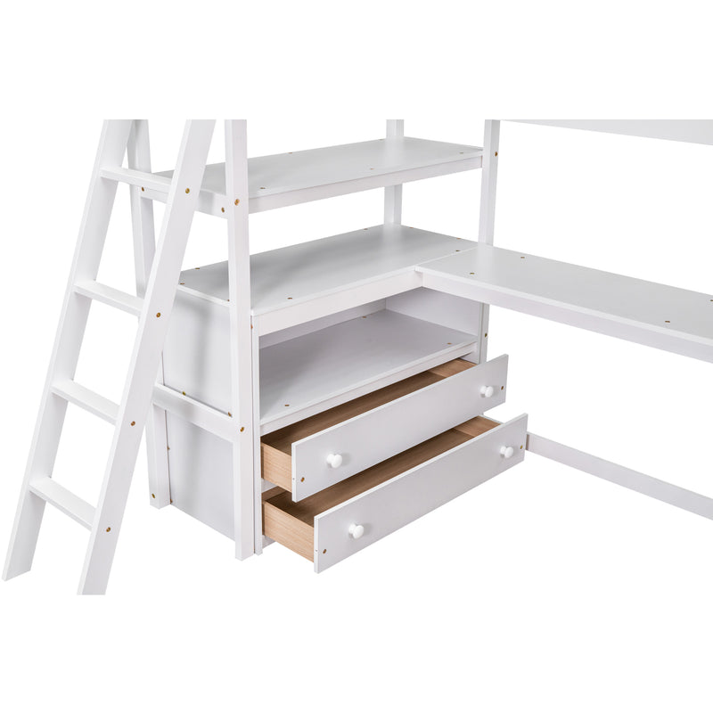 Twin Size Loft Bed with Desk and Shelves, Two Built-in Drawers, White (old SKU: GX000803AAK-1)