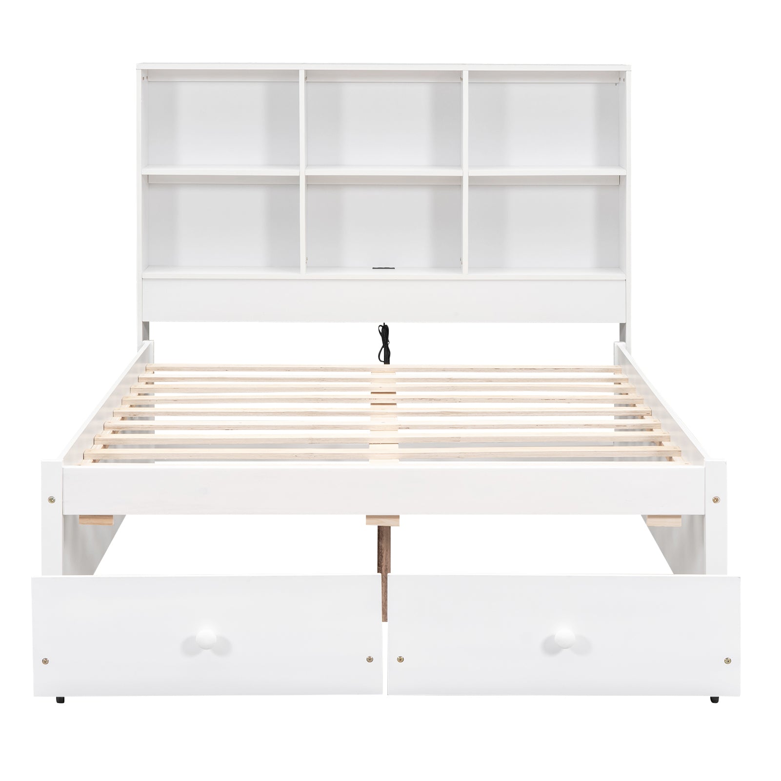 Full Size Platform Bed with Storage Headboard, Charging Station and 2 Drawers, White - Atlantic Fine Furniture Melbourne FL