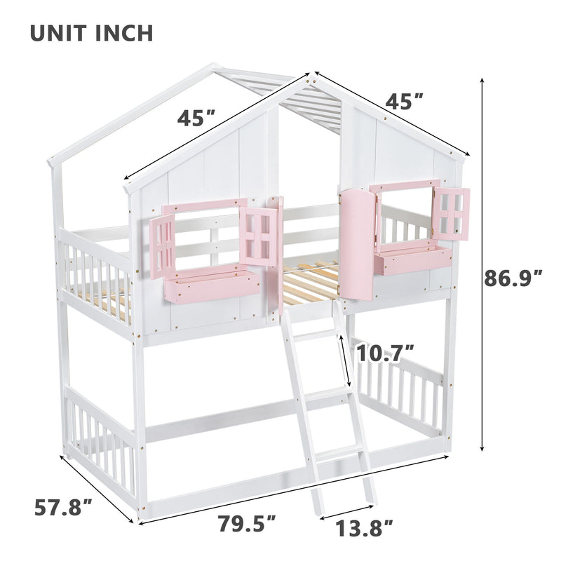 House Bunk Bed With Roof, Window, Window Box, Door, With Safety Guardrails And Ladder