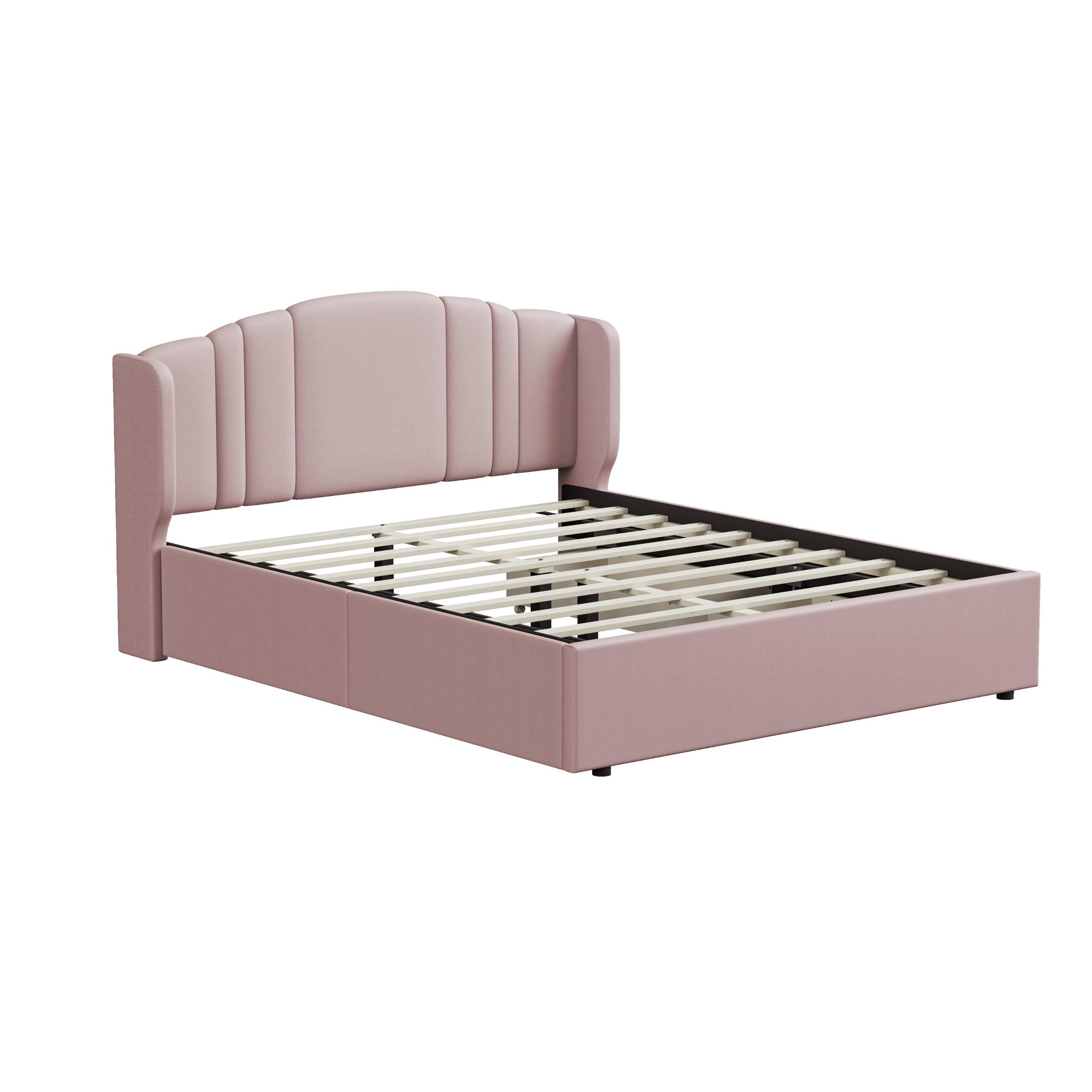 Upholstered Platform Bed with Wingback Headboard and 4 Drawers, No Box Spring Needed, Linen Fabric, Queen Size Pink - Atlantic Fine Furniture Melbourne FL
