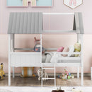 Twin Size Low Loft Wood House Bed with Two Side Windows  (White+Gray)(OLD SKU: LP000037AAE)