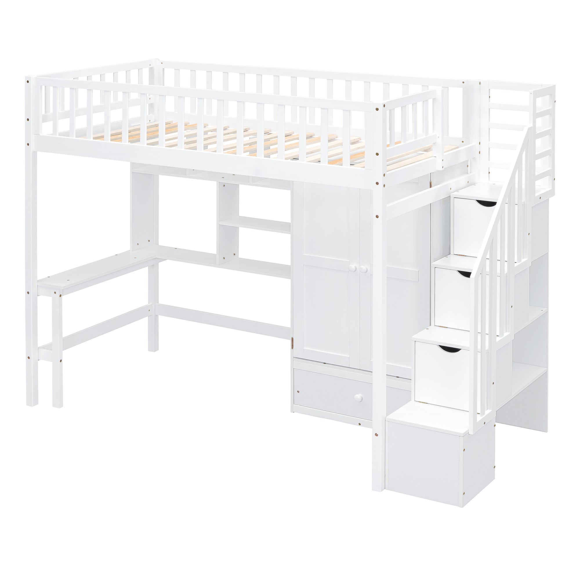 Twin size Loft Bed with Bookshelf,Drawers,Desk,and Wardrobe-White - Atlantic Fine Furniture Melbourne FL