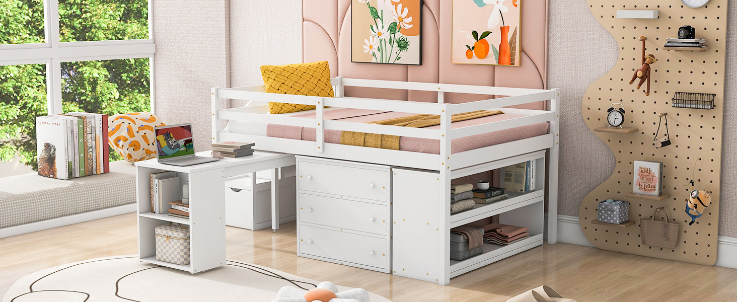 Full Size Loft Bed with Retractable Writing Desk and 3 Drawers, Wooden Loft Bed with Storage Stairs and Shelves, White - Atlantic Fine Furniture Melbourne FL