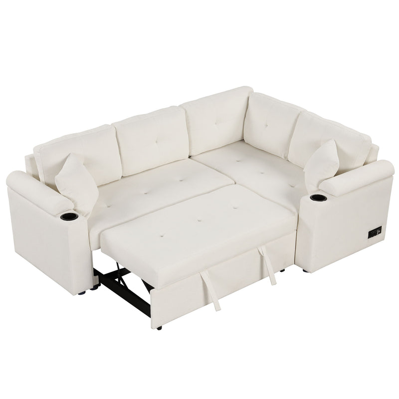 L-Shape Sofa Bed Pull-Out Sleeper Sofa With Wheels, USB Ports, Power Sockets For Living Room