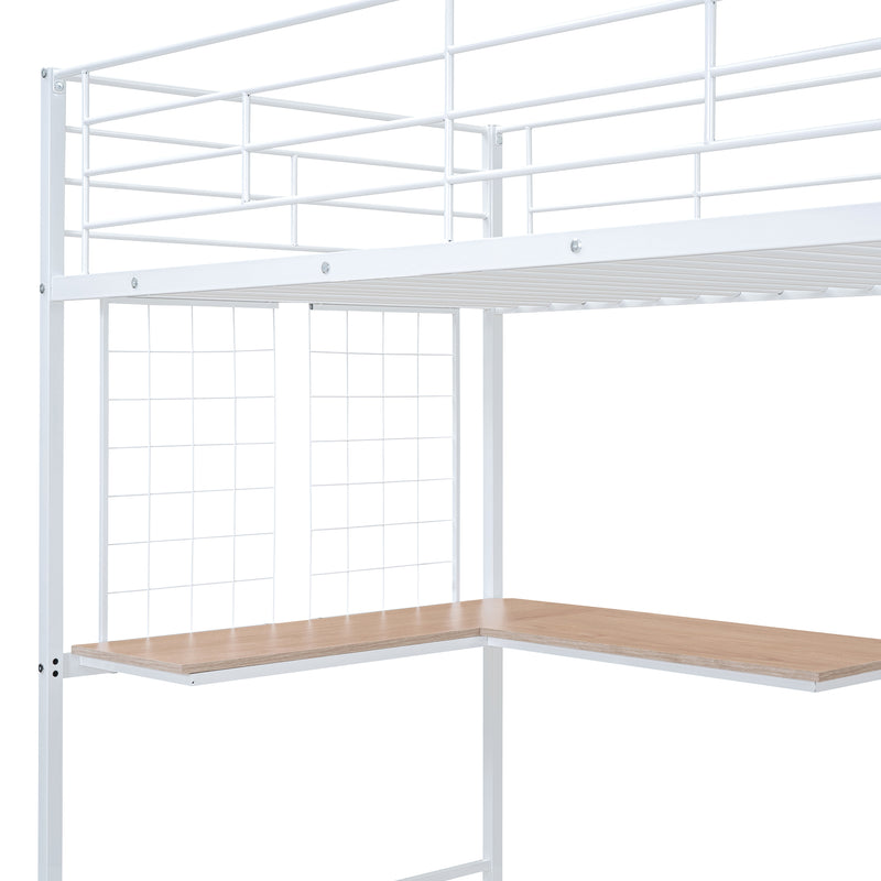 Twin Size Metal Loft Bed with Desk and Metal Grid, Stylish Metal Frame Bed with Lateral Storage Ladder and Wardrobe, White