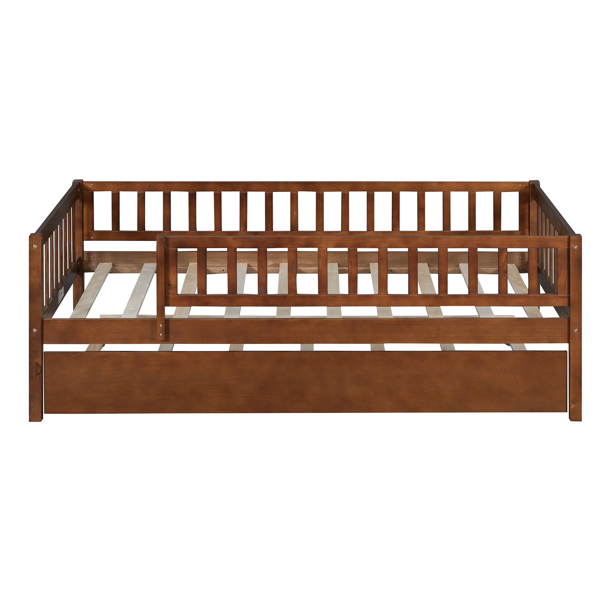 Twin Size Wood Daybed with Trundle and Fence Guardrails, Walnut - Atlantic Fine Furniture Melbourne FL