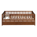 Twin Size Wood Daybed with Trundle and Fence Guardrails, Walnut