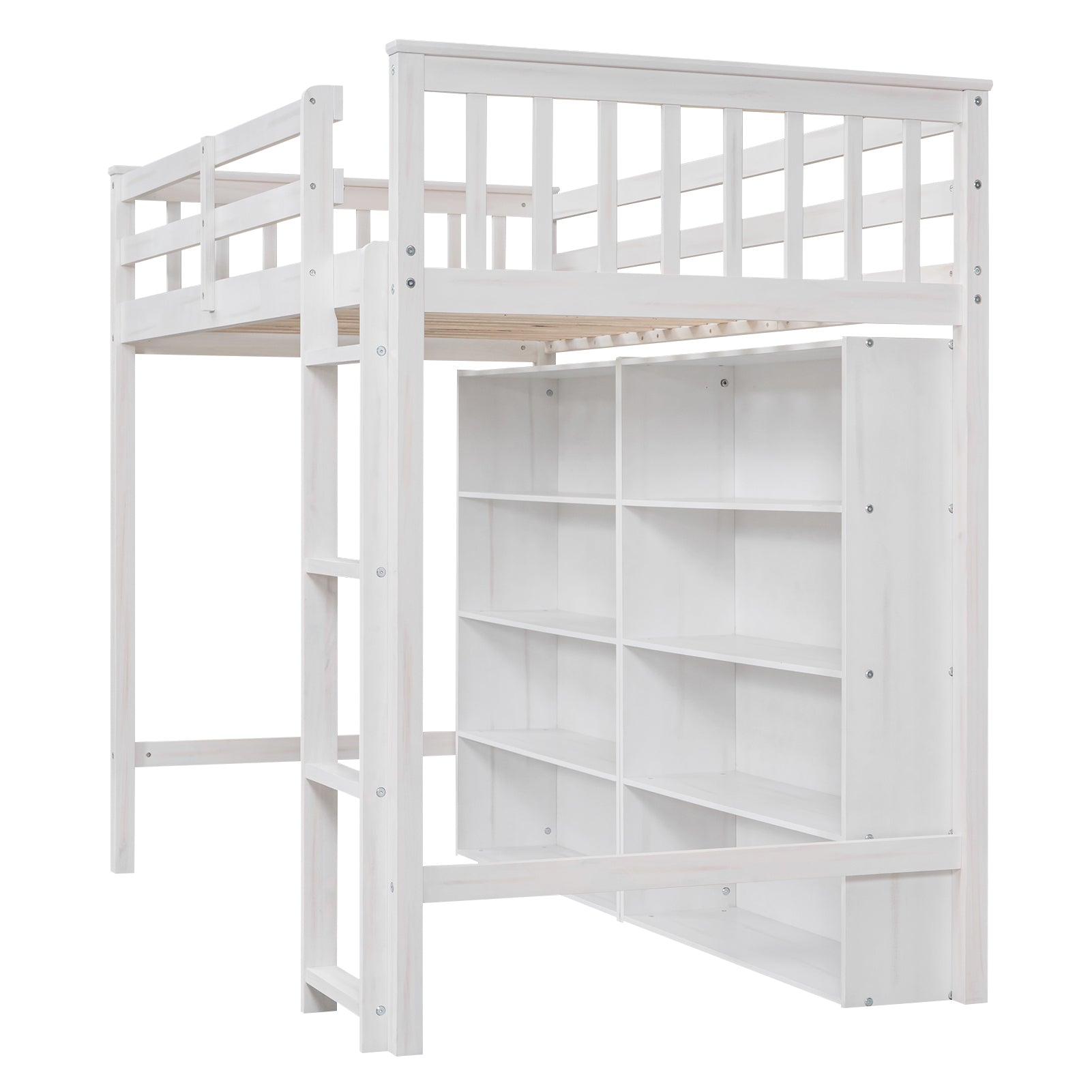 Twin Size Loft Bed with 8 Open Storage Shelves and Built-in Ladder, White - Atlantic Fine Furniture Melbourne FL