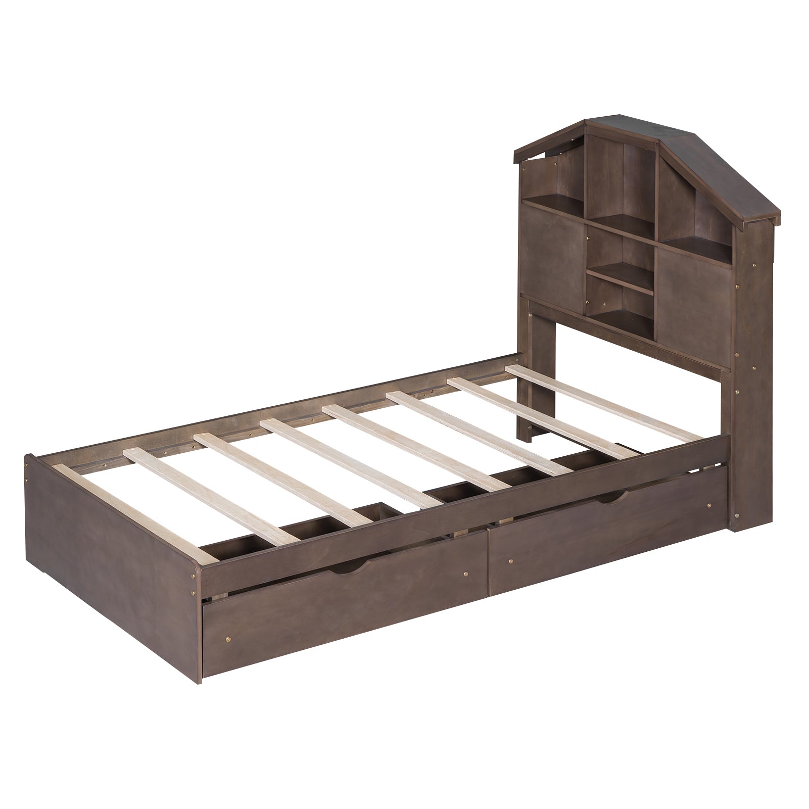 Twin Size Wood Platform Bed with House-shaped Storage Headboard and 2 Drawers, Walnut - Atlantic Fine Furniture Melbourne FL