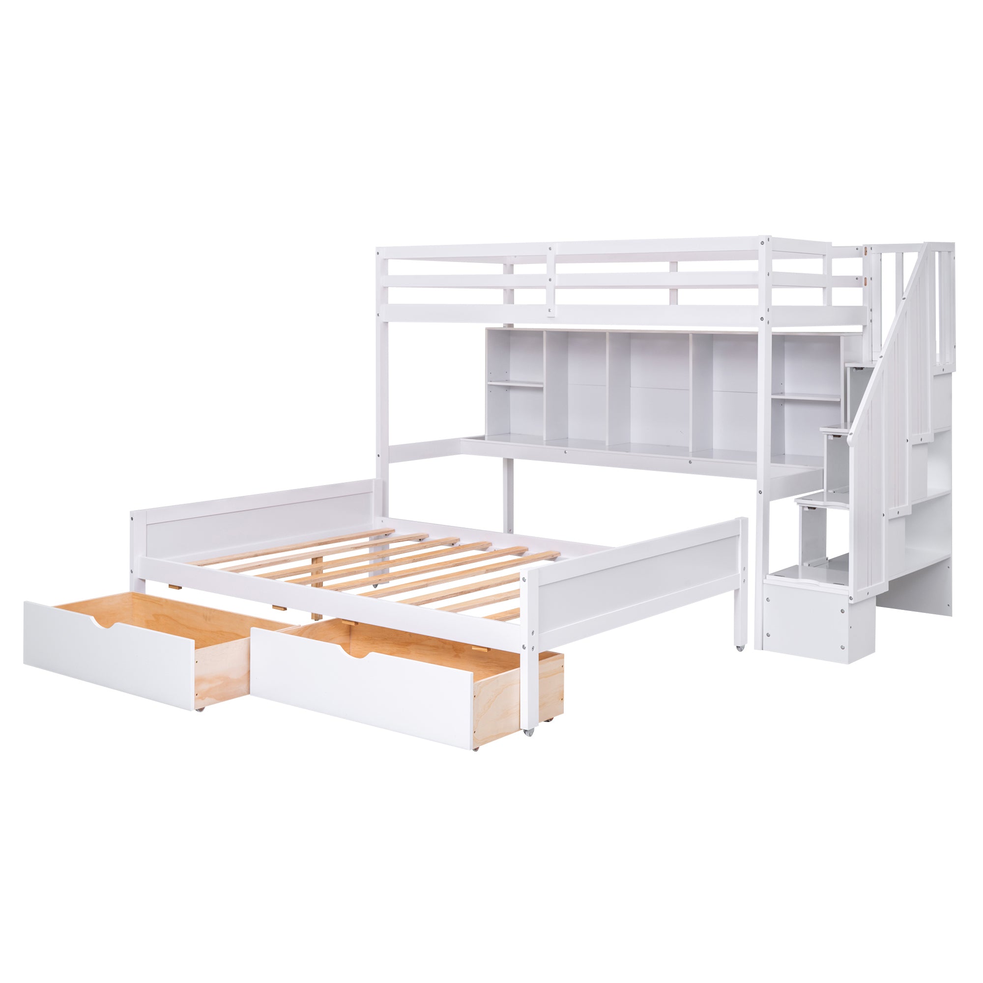 Twin XL over Full Bunk Bed with Built-in Storage Shelves, Drawers and Staircase,White - Atlantic Fine Furniture Melbourne FL