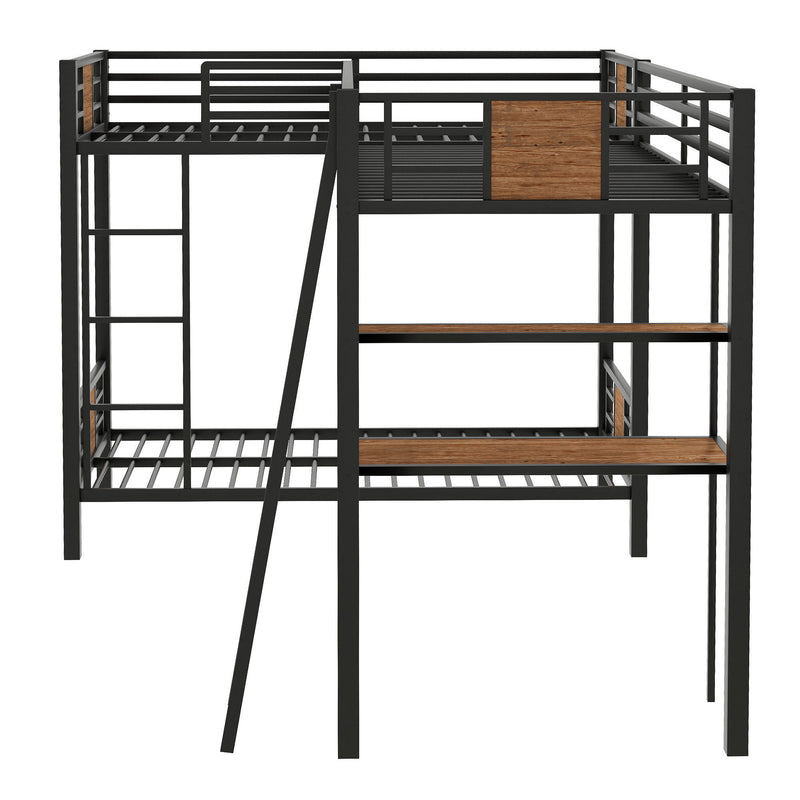 L-Shaped Twin Over Twin Bunk Bed With Twin Size Loft Bed With Desk And Shelf - Brown