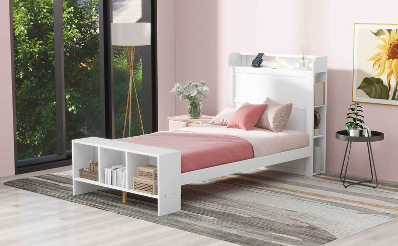 Twin Size Platform Bed with built-in shelves, LED Light and USB ports, White